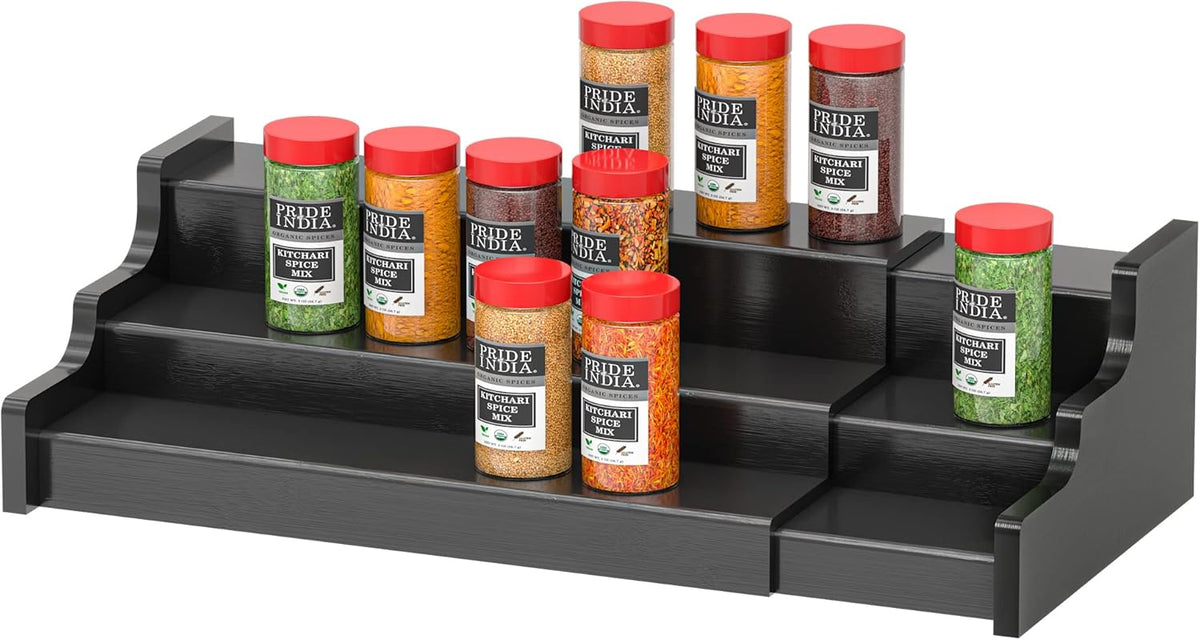 Spice Rack Kitchen Cabinet Organizer- 3 Tier Bamboo Expandable Display Shelf Yellow